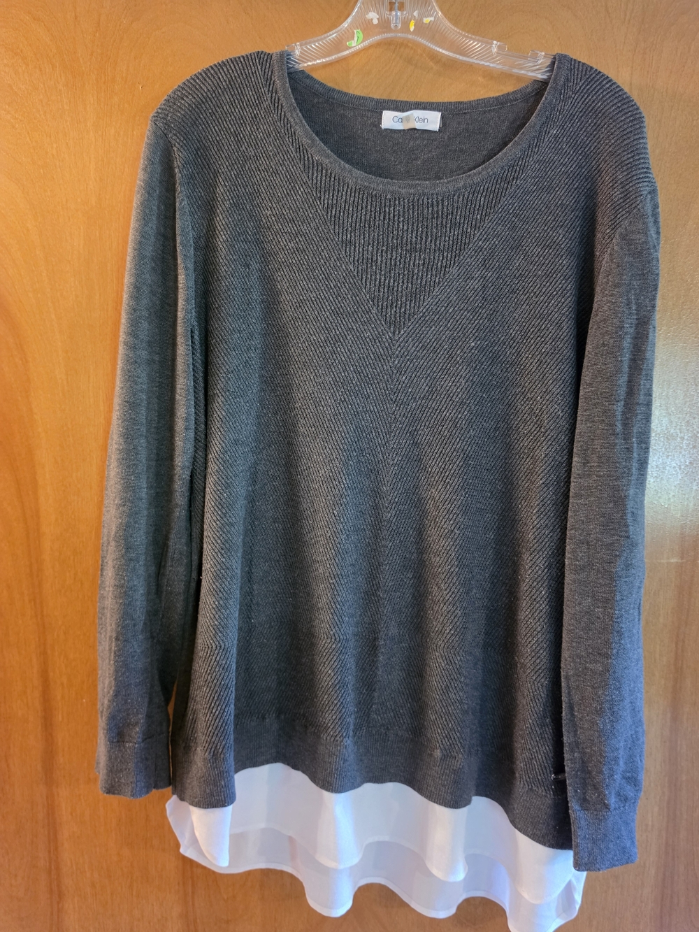 Calvin Klein Charcoal Gray Layered-Hem Knit Pullover with White Chiffon Trim